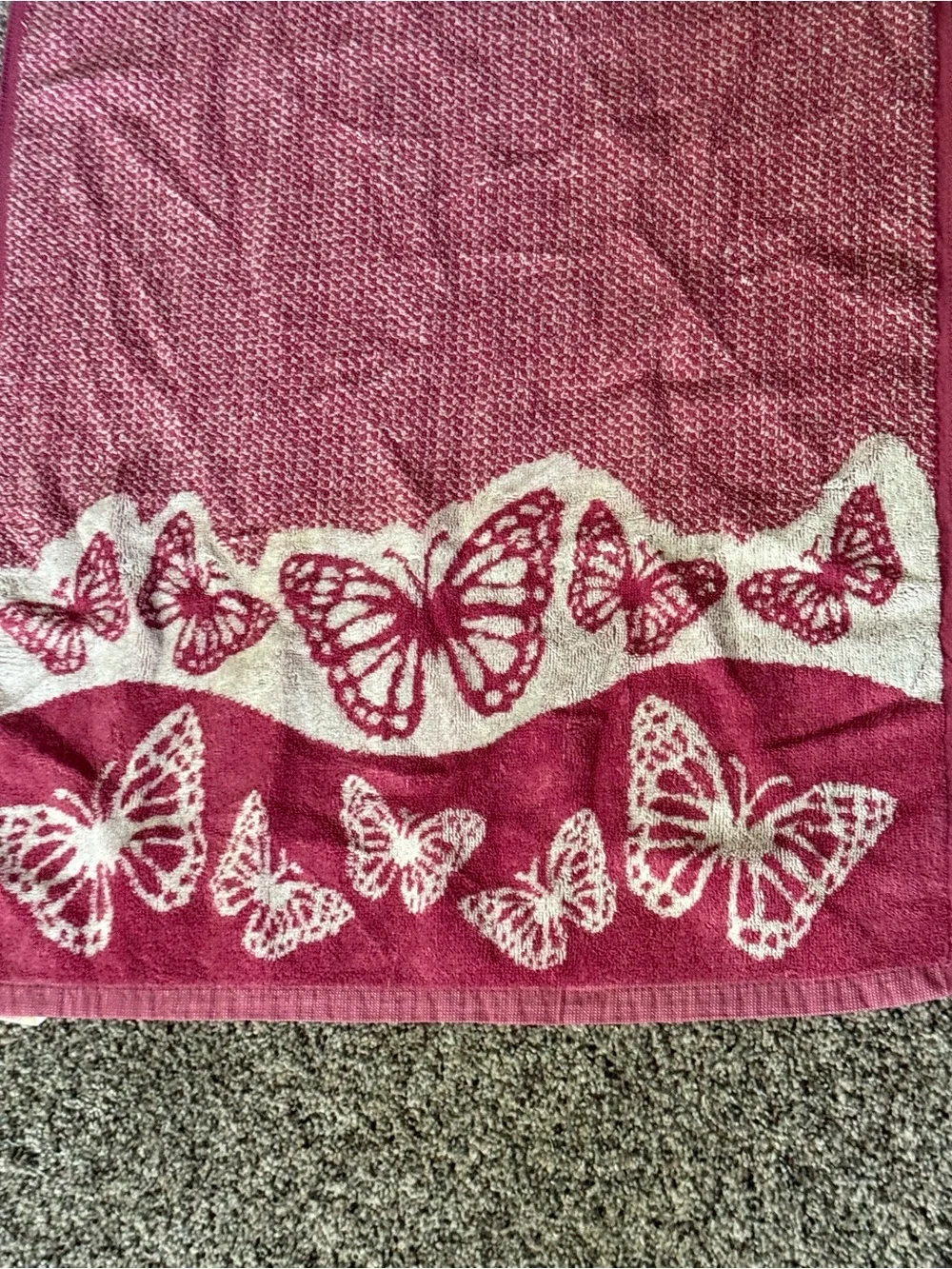 Vintage Pink Butterfly Cotton Bath Towel - pink and white 20x39.5”